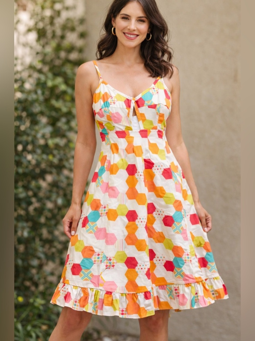 Bernie Dexter Retro Sundress Size M Colorful Geometric Print Cotton Fit & Flare